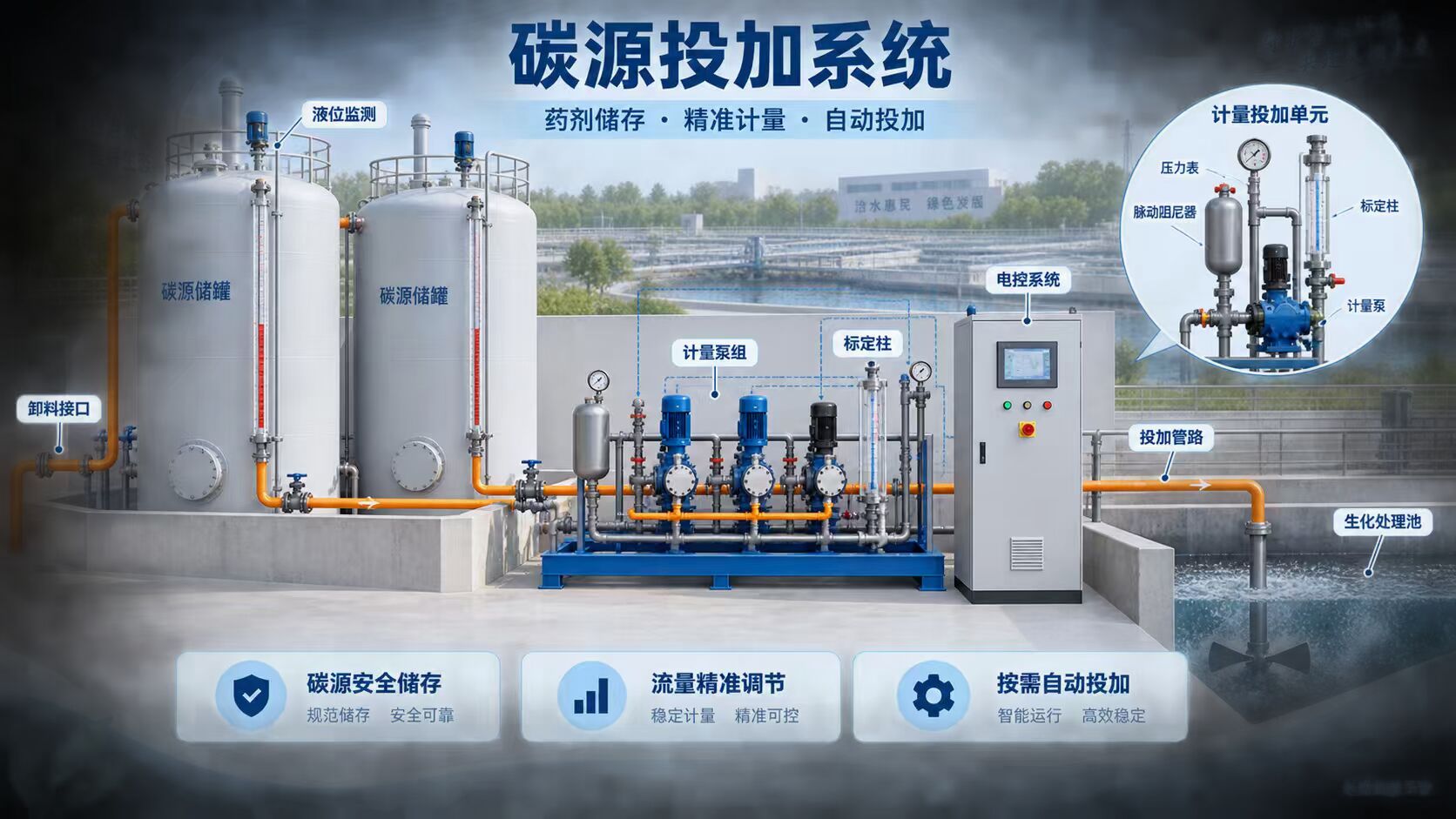 碳源投加系统:碳源储罐(液位监测、卸料接口)→ 计量泵组 → 投加管路 → 生化处理池